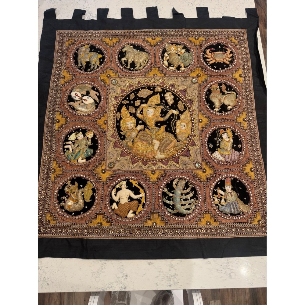 Vintage Burmese Kalaga Shwe Chi Doe Hand Embroidered Tapestry 46" x 46"